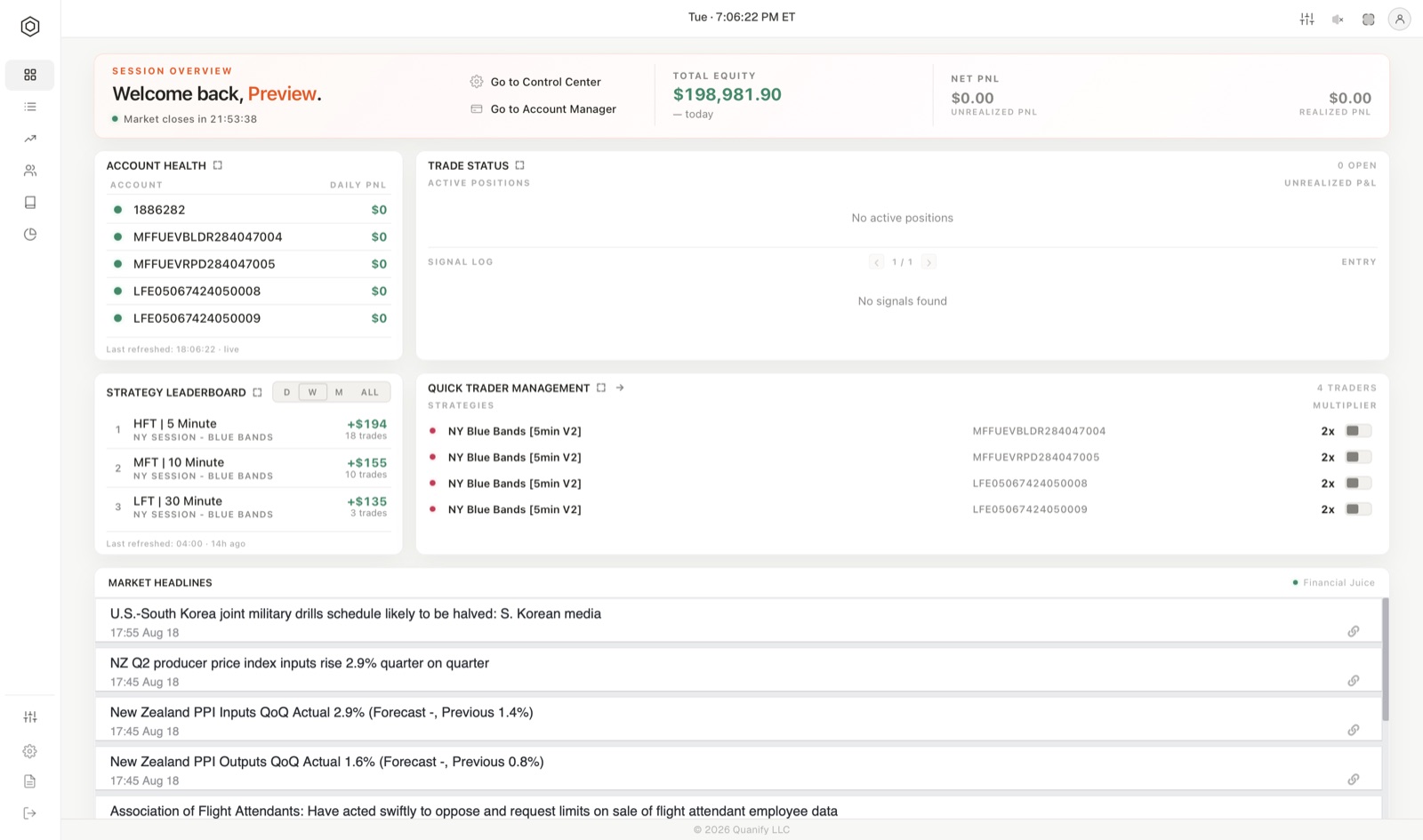 The Quanify Home tab showing account health, trade status and the strategy leaderboard